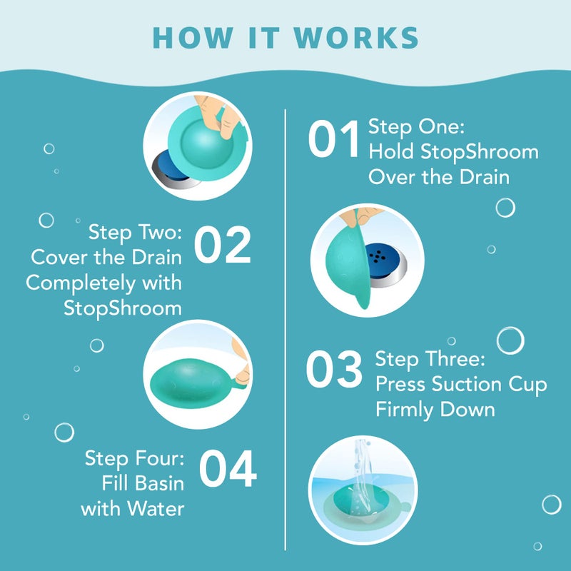 StopShroom STBLU232 Universal Stopper Plug Cover for Bathtub, Bathroom and Kitchen Drains, Aqua - Image 5